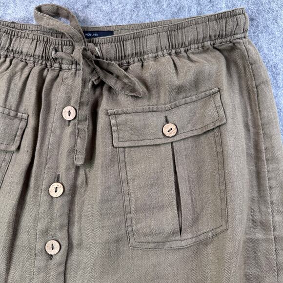 Nicole Miller Women's XL 100% Linen Drawstring Olive Button Front Long Skirt - Picture 2 of 6